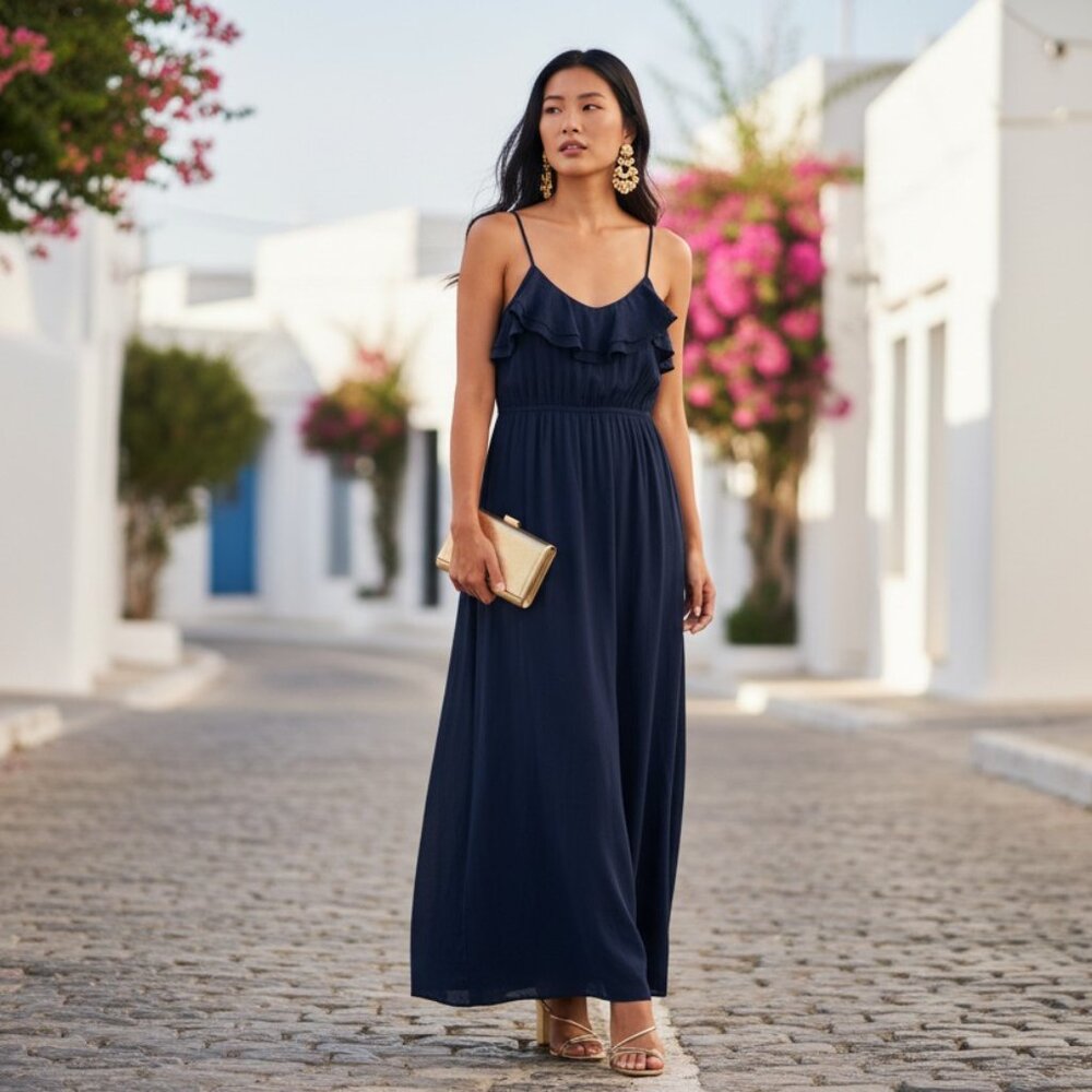 Navy Ruffle Strap Flowy Maxi Dress